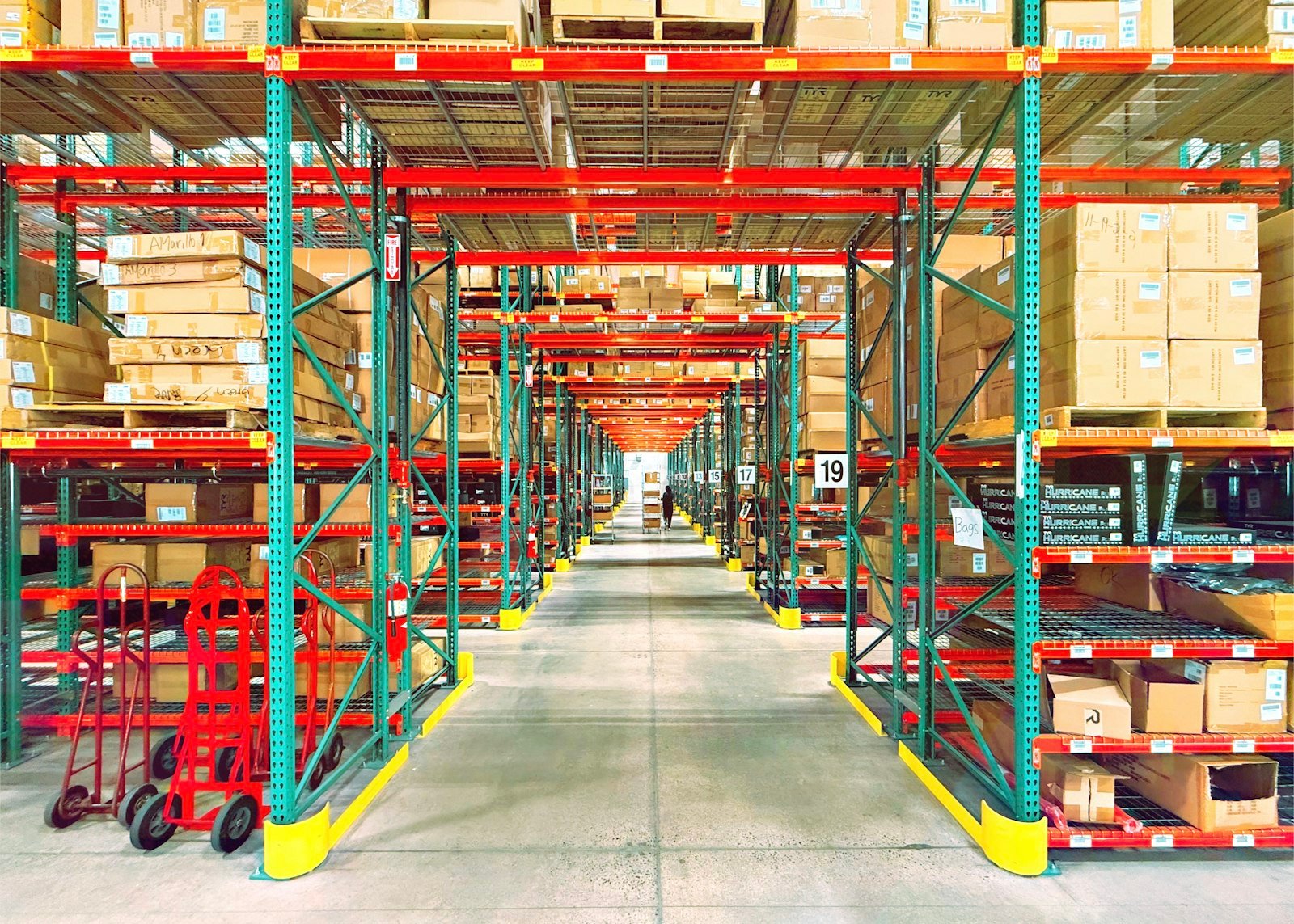 Distribution warehouse aisle with stocked racking